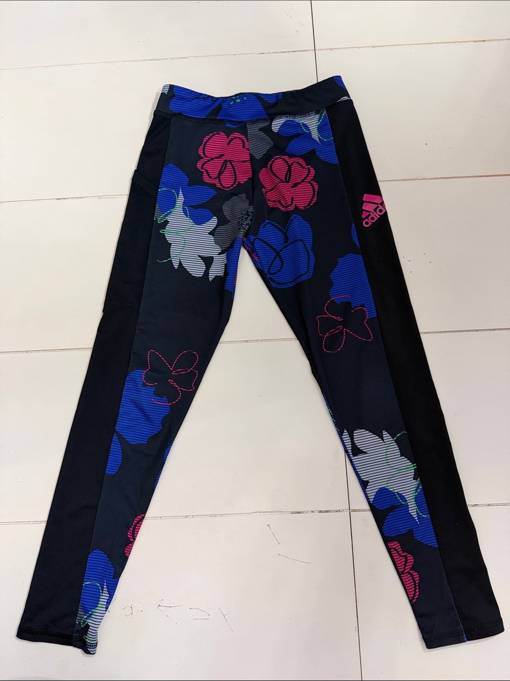 Adidas Black Floral Print Girls' Leggings with Blue & Pink Accents
